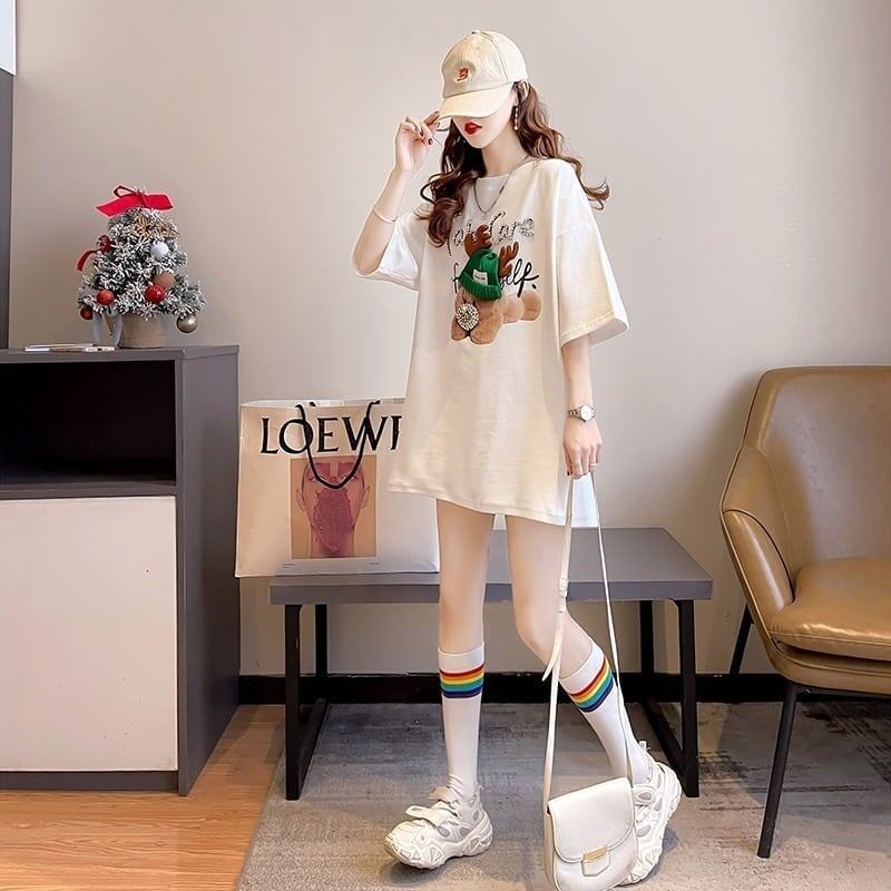 大活躍 ロング ビジューロゴ Tシャツ ゆったり 半袖 三色＜S-2922＞