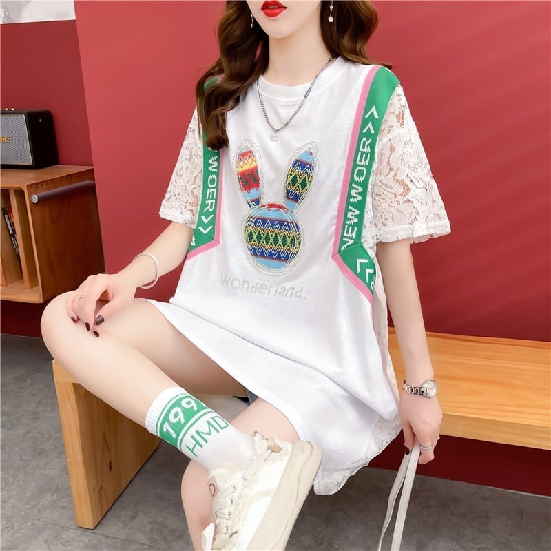 話題沸騰中 レース ビジュー 切り替え ロング Tシャツ ゆったりワンピース ＜S-3032＞