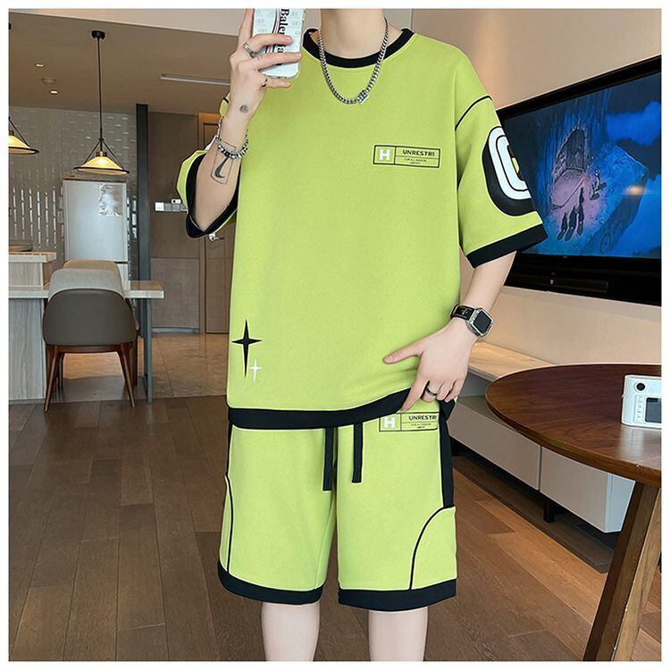 早い者勝ち カジュアル ファッション 切り替え 全3色 半袖Ｔシャツⅹパンツセット<S-8950>