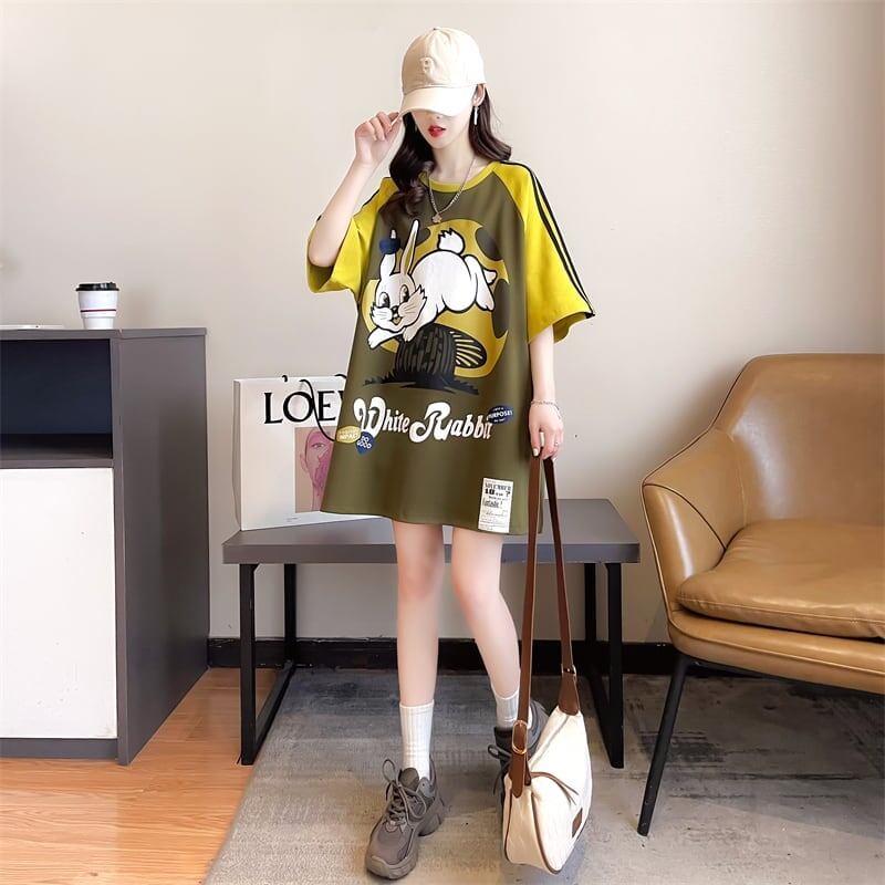 好感度UP グラフィック ストライプ柄 ラグランTシャツ ゆったり ワンピース＜S-3994＞