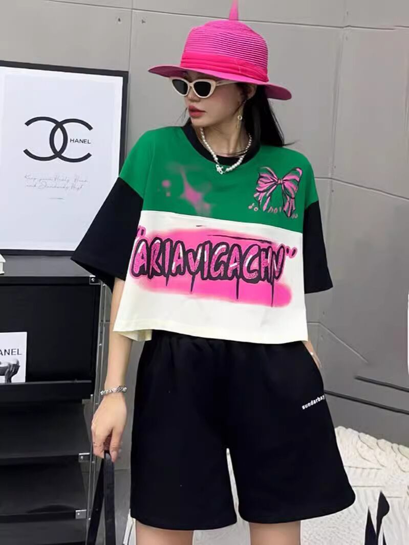 着回し力抜群 切り替え三色 韓国系 ゆったり半袖Tシャツ ＜S-8455＞