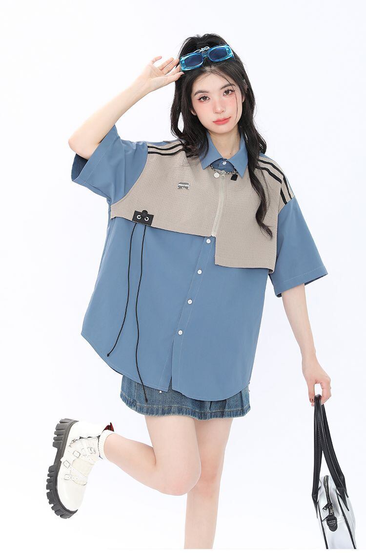 期間限定 ファッション 個性派 レイヤード風 切り替え プリント全3色 男女兼用 半袖Tシャツ<S-9044>