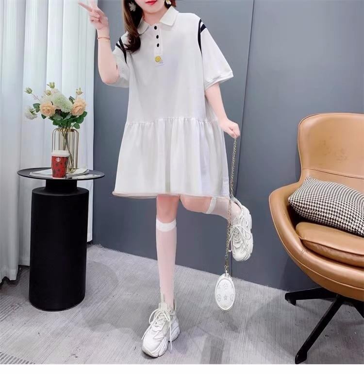 女子力アップ POLOネック 韓国系 ロング Tシャツ 二色 ゆったりワンピース ＜S-2937＞