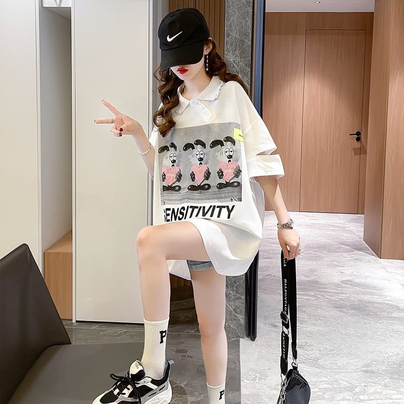 夏新作 アルファベットプリント POLOネック ロング Tシャツ ゆったりワンピース ＜S-3038＞