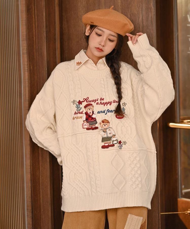 超人気 気質アップ 絶対欲しい Vネック 刺繍 切り替え2色選択 ニットトップス<S-9577>