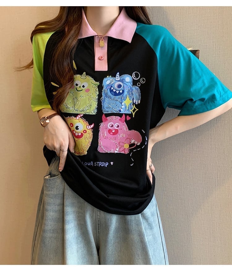 元気いっぱい カラーマッチング POLOネック プリント Tシャツ 半袖 ＜S-2979＞