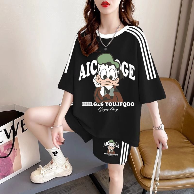カジュアル レトロ プリント Tシャツ + ショートパンツ セットアップ <S-13185>