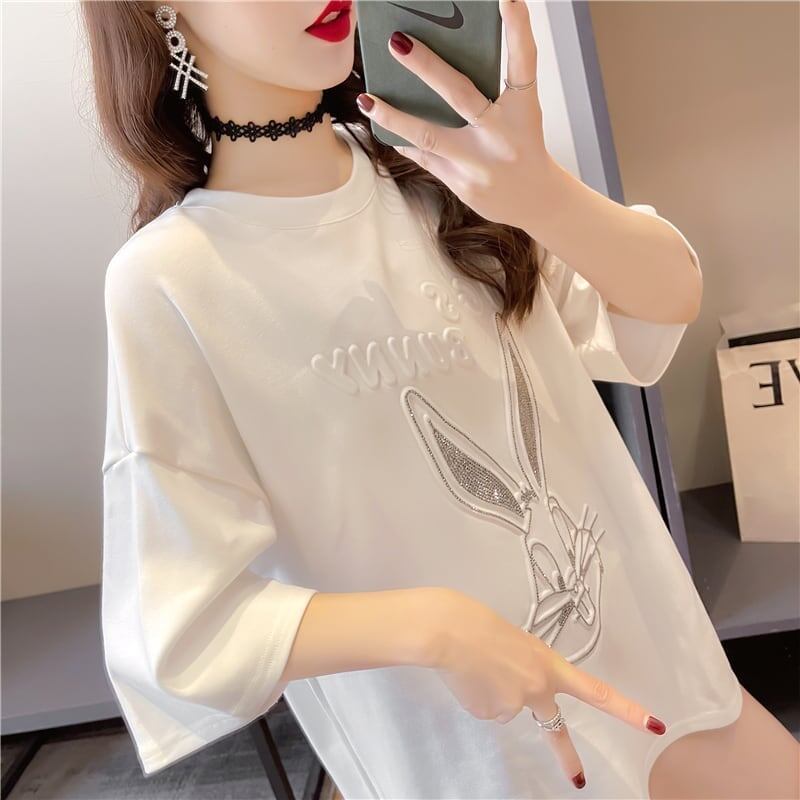 美人度アップ ウサギ ビジュー ロング Tシャツ 三色 ゆったり半袖＜S-2945＞