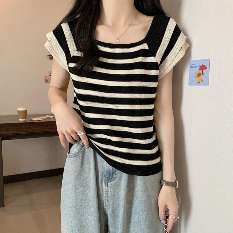 今季マストバイ ファッション カジュアル エレガント ストライプ柄 Tシャツ<S-8339>