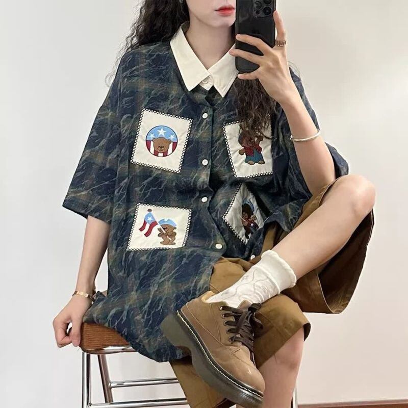 大活躍 刺繍 特別デザイン チェック柄 2色選択 半袖シャツ＜S-8881＞