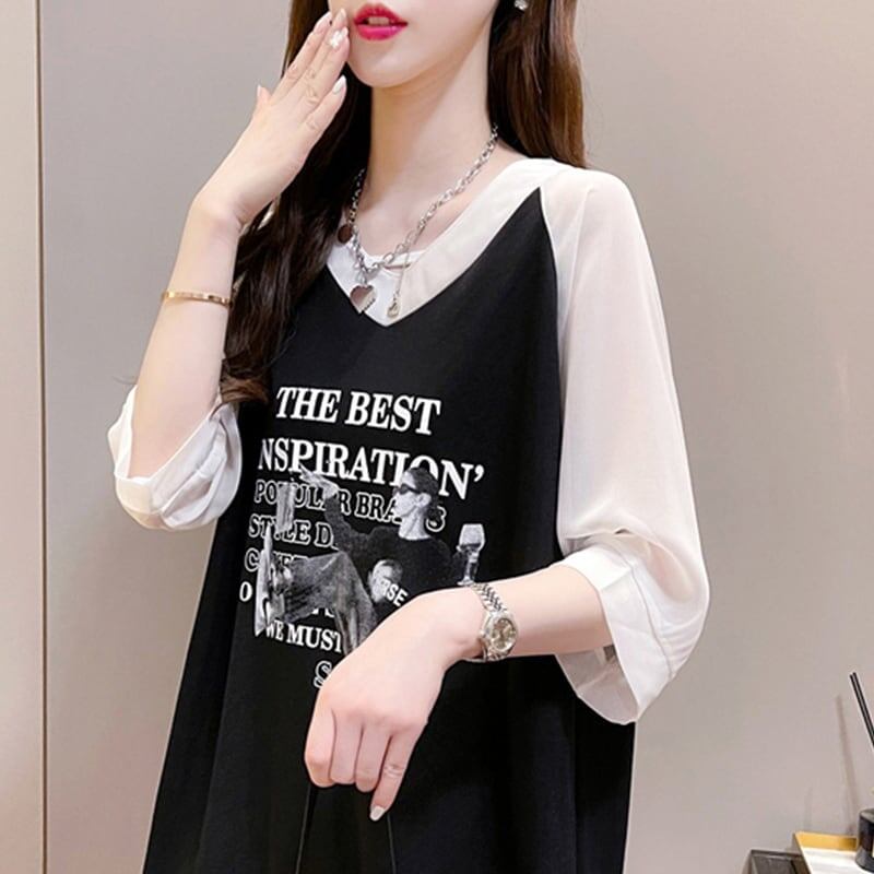 好感度満載 切り替え 美感いっぱい プリント Tシャツ カットソー＜S-3479＞