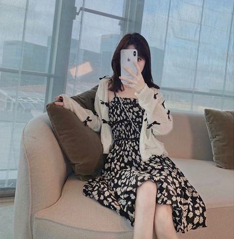 話題沸騰中 柔らかくて優しい印象 おしゃれ度高め リボン 花柄 トップス+ワンピースセット<S-9113>