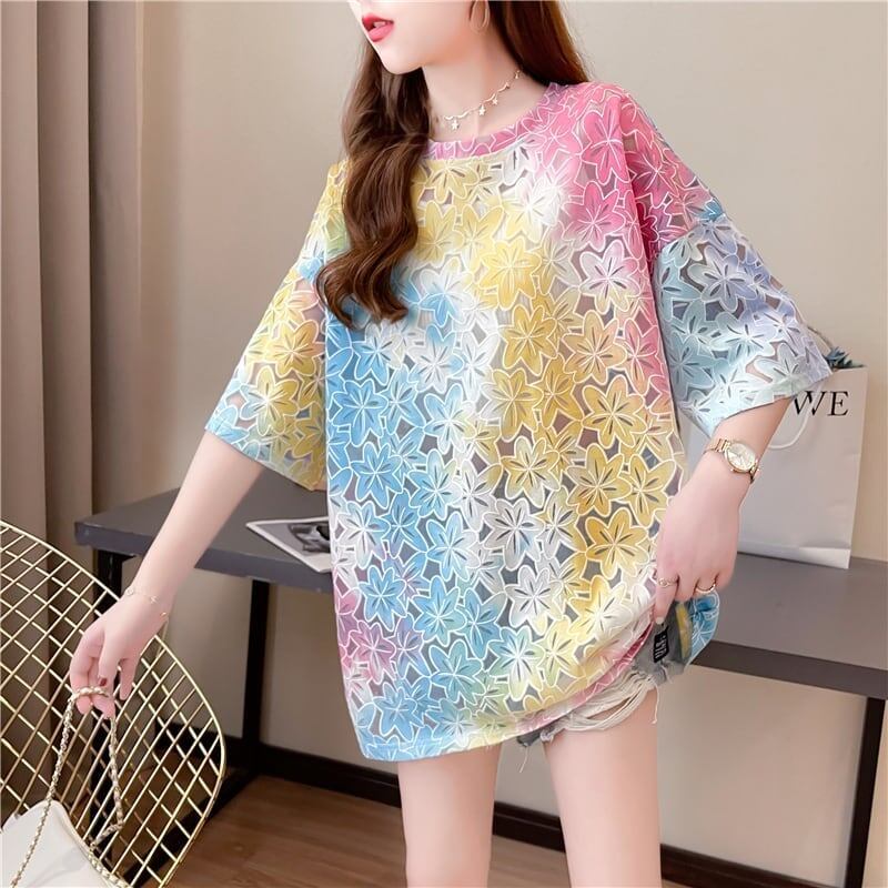 オシャレ度満点 ラウンドネック スタイリッシュ 透かし彫り Tシャツ カットソー＜S-2957＞