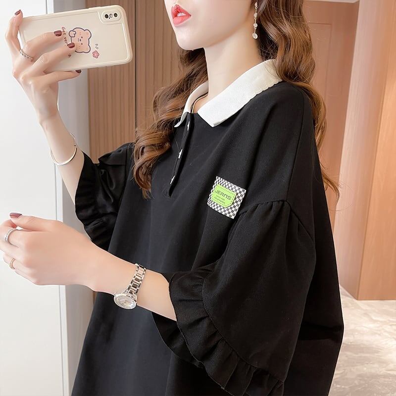 おすすめ POLOネック シンプル フリル ロング Tシャツ 三色 ゆったり半袖 ＜S-3055＞