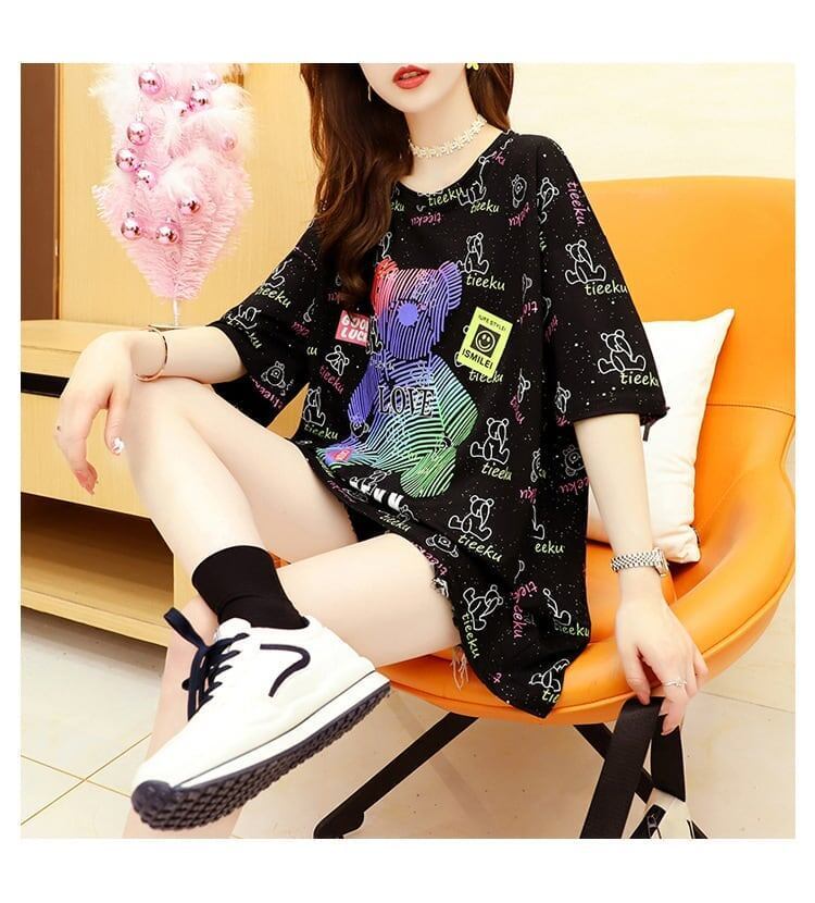 大活躍 プリント 熊柄 Tシャツ ラウンドネック ゆったり半袖＜S-3004＞