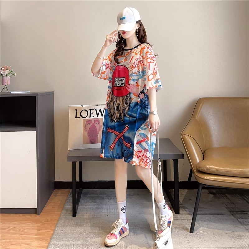 おしゃれ度アップ ロング 落書きストレート系 Tシャツ ゆったり ワンピース＜S-2995＞