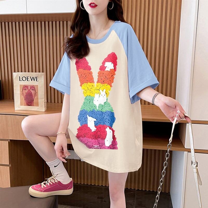 美人度アップ Tシャツ 可愛いウサギ 丸襟 半袖＜S-2824＞