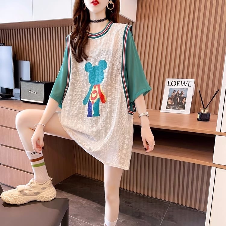 夏新作 レース ベアー カラーマッチング ロングTシャツ ゆったり5分袖 ＜S-2942＞