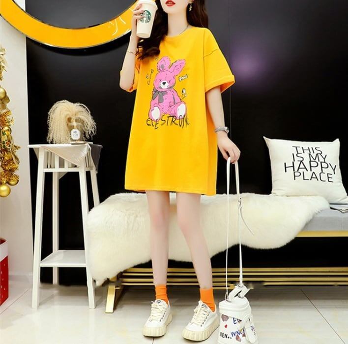 背中開きルーズオールマッチミドル丈ラウンドネック半袖Tシャツ<S-3027>