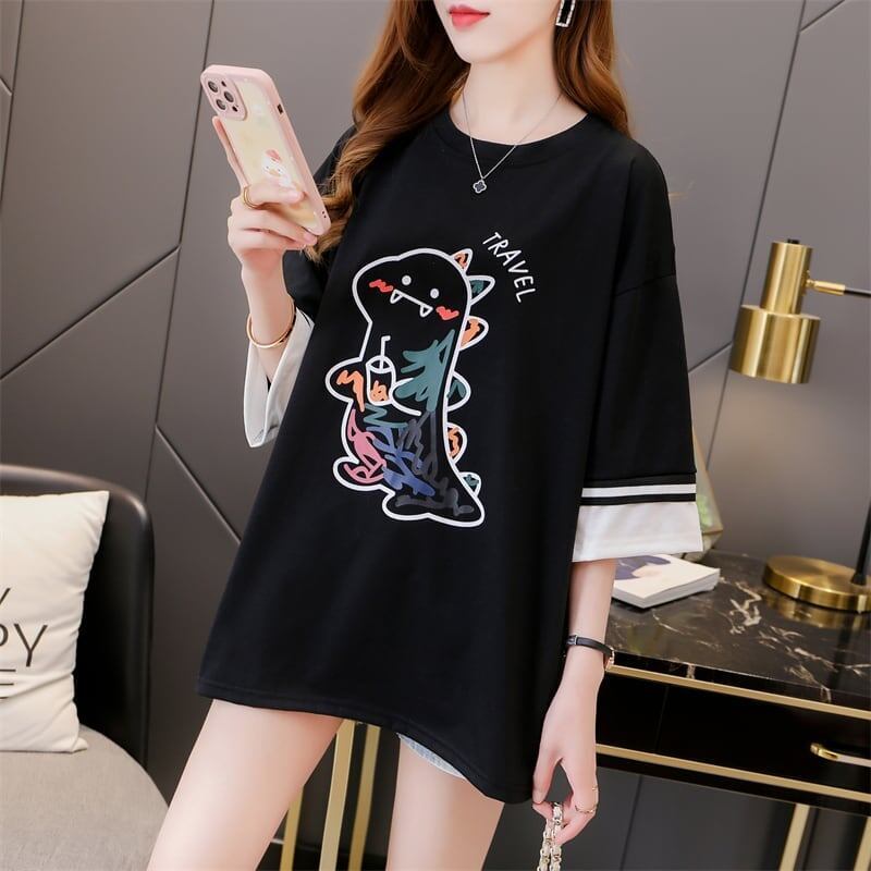 合わせやすい アルファベット ラウンドネック プリントTシャツ ゆったり ワンピース＜S-3992＞