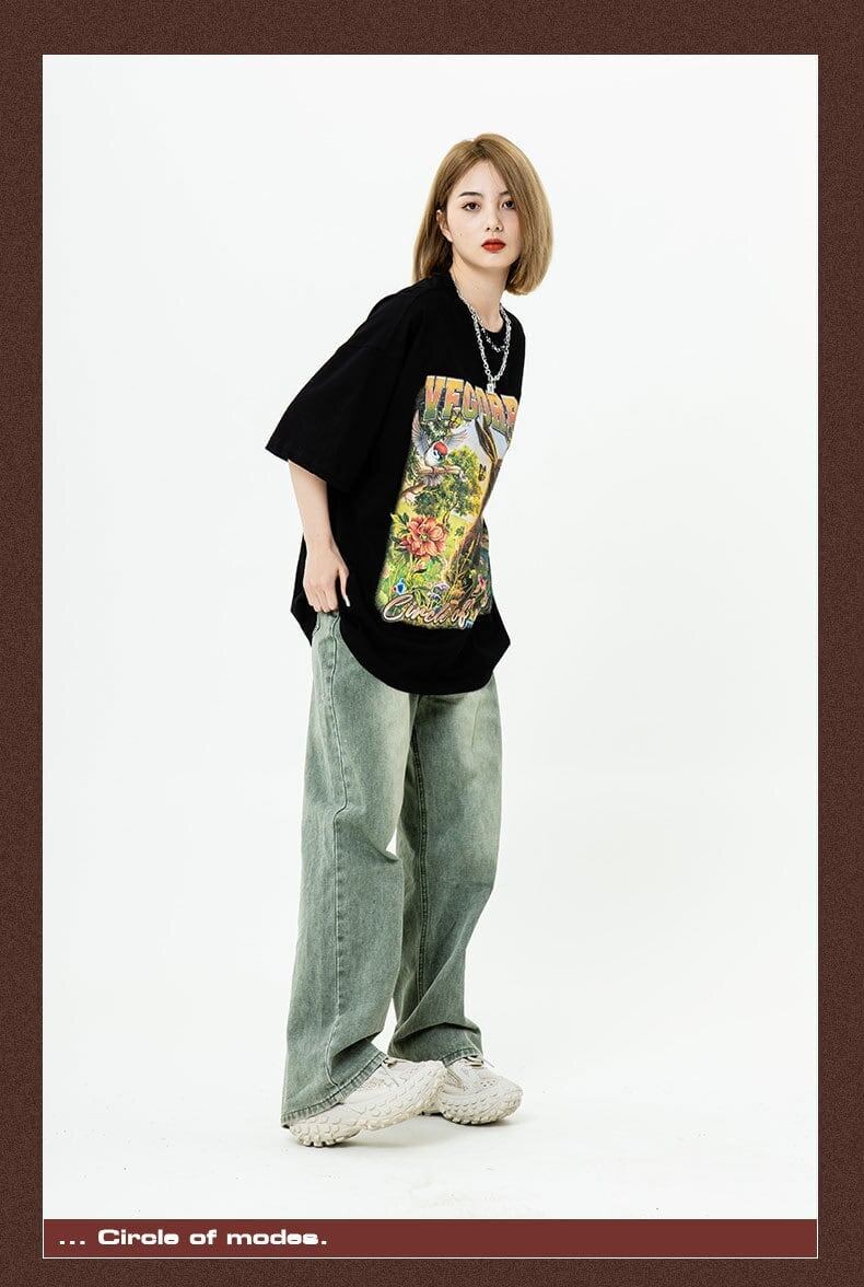 アメリカンレトロ絵画ウサギ半袖Tシャツカップル男女同スタイル<S-2910>