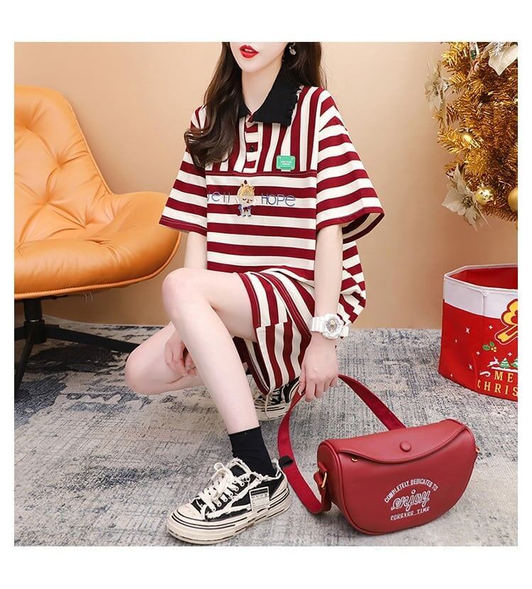 韓国系 POLOネック ストライプ柄 半袖Tシャツⅹショートパンツセットアップ ＜S-2926＞