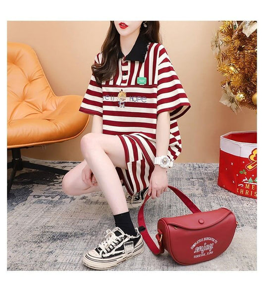 韓国系 POLOネック ストライプ柄 半袖Tシャツⅹショートパンツセットアップ ＜S-2926＞