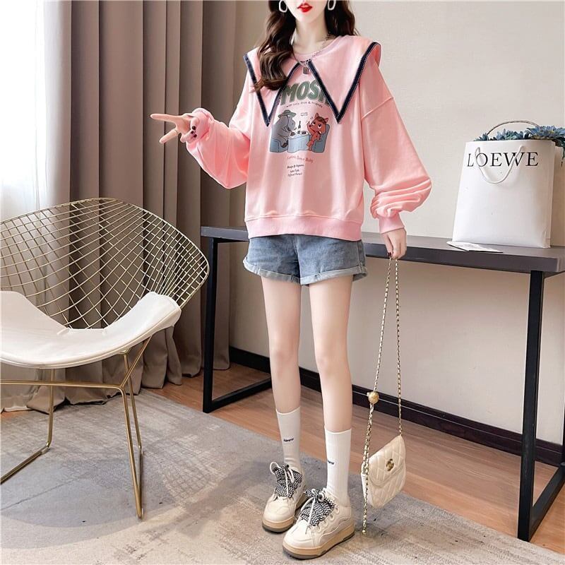絶対欲しい グラフィックプリント セーラ服の襟 三色 長袖Tシャツトップス<S-4036>