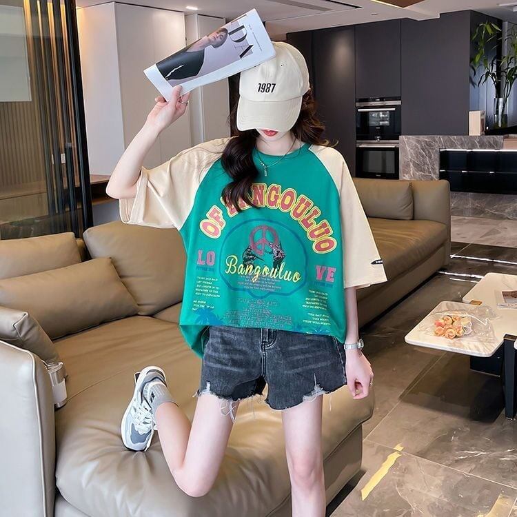 夏新作 配色 プリント ロング ラグランTシャツ 三色 ゆったりワンピース ＜S-4003＞