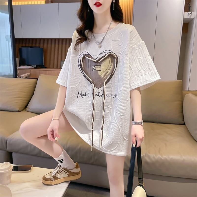 着心地良い ハート 立体風 プリントTシャツ 三色 ゆったり半袖＜S-2933＞