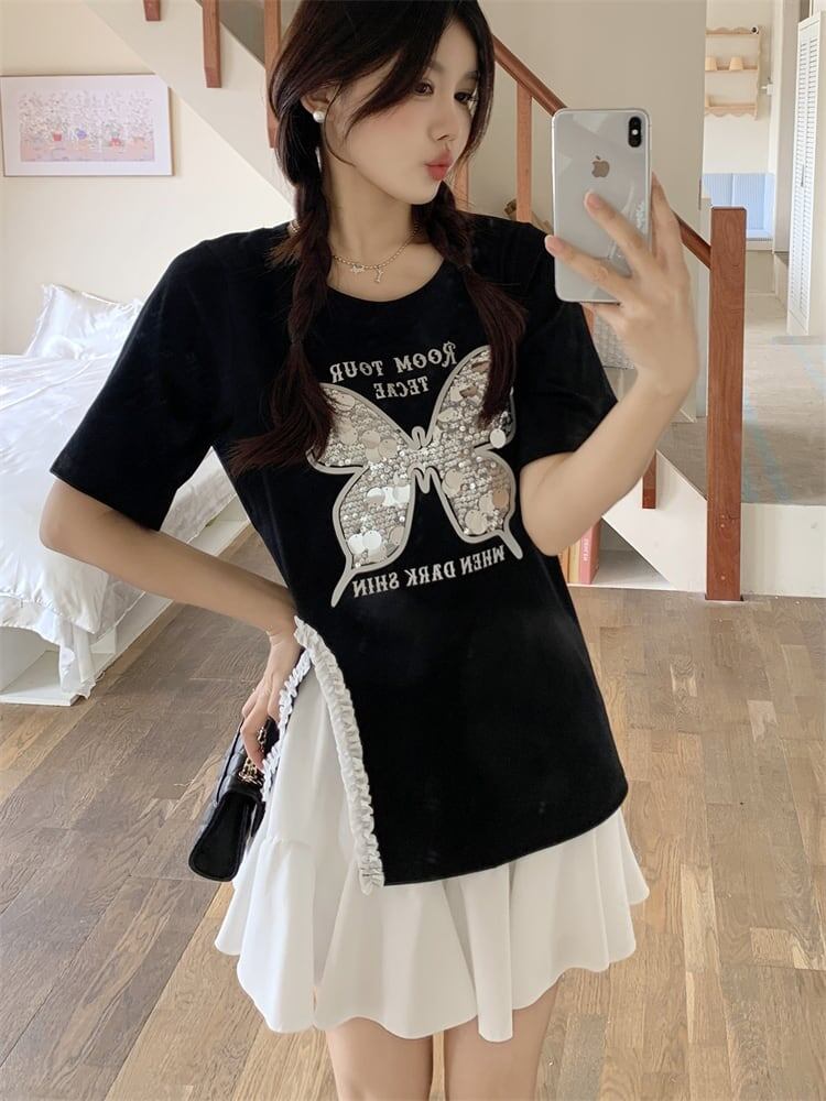 絶対欲しい キュート 超人気 ピンク プリント スパンコール 3色選択 半袖Tシャツ＜S-8570＞