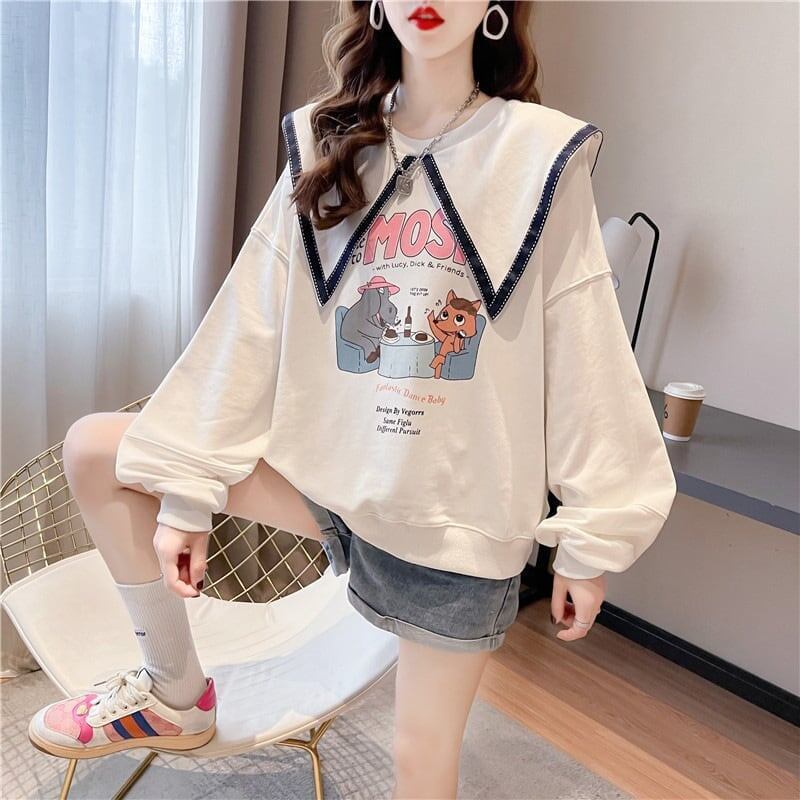 絶対欲しい グラフィックプリント セーラ服の襟 三色 長袖Tシャツトップス<S-4036>