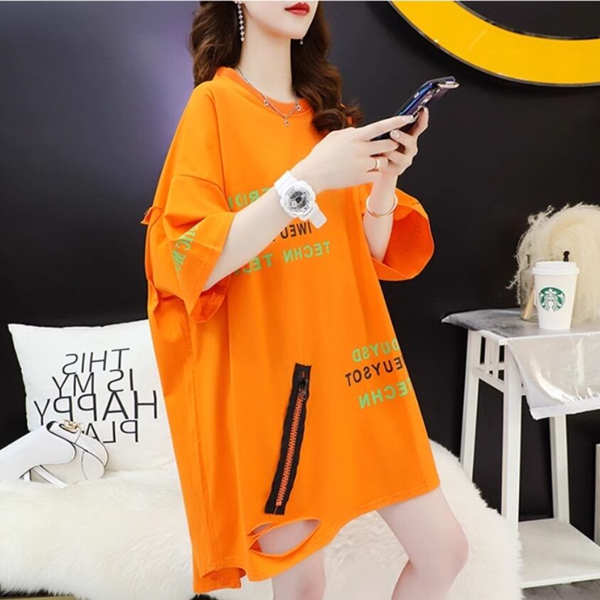 超人気 ダメージ加工 ゆったりロング丈 三色半袖Tシャツ＜S-8107＞