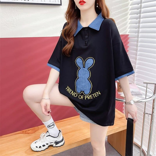韓国系 ウサギちゃん POLOネック プリントTシャツ 三色 ゆったり半袖 ＜S-3056＞