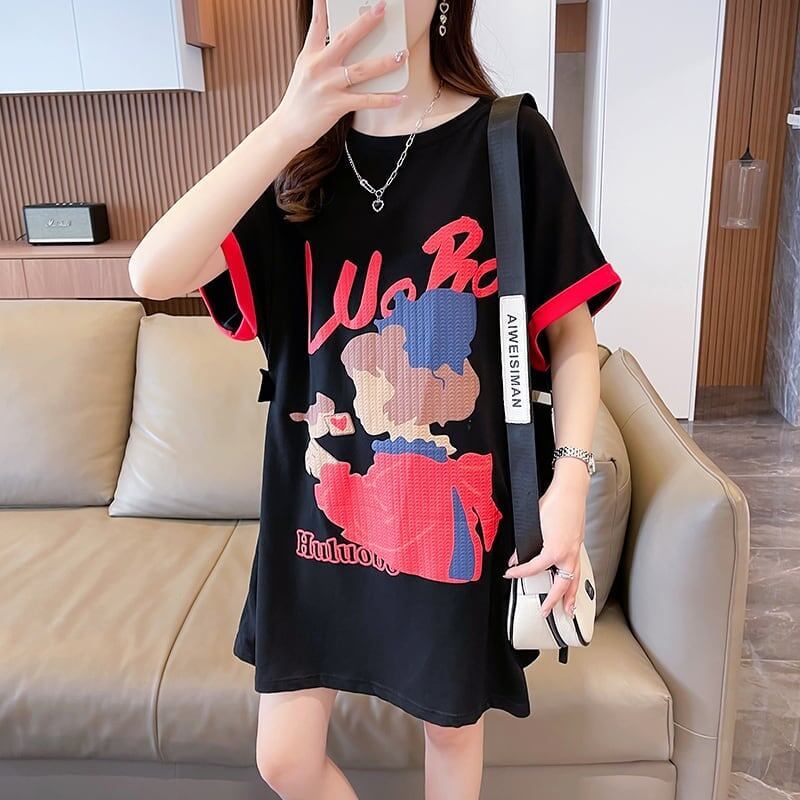 気質とデザインセンスを備えた対照的な色の漫画半袖Tシャツ<S-2990>