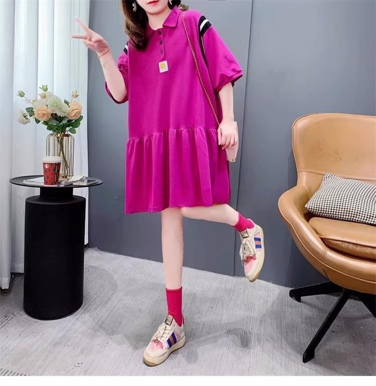 女子力アップ POLOネック 韓国系 ロング Tシャツ 二色 ゆったりワンピース ＜S-2937＞