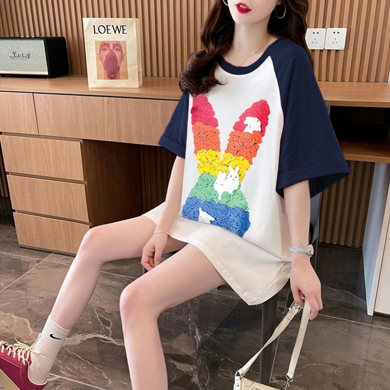 美人度アップ Tシャツ 可愛いウサギ 丸襟 半袖＜S-2824＞