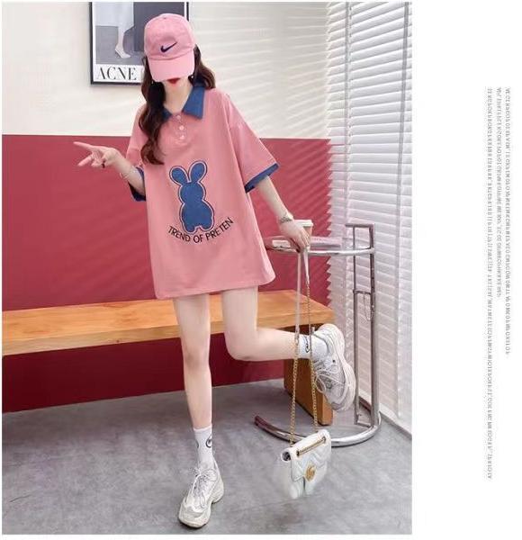 韓国系 ウサギちゃん POLOネック プリントTシャツ 三色 ゆったり半袖 ＜S-3056＞