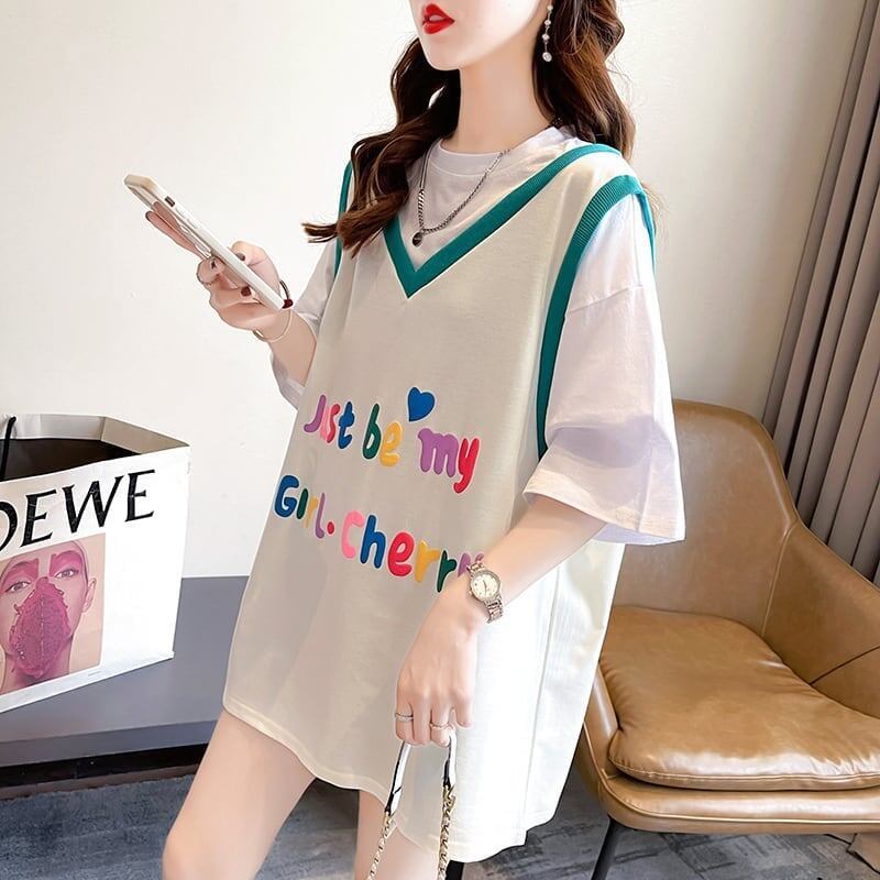 絶対欲しい レイヤード アルファベット Tシャツ ゆったり ロング 半袖 ＜S-2943＞