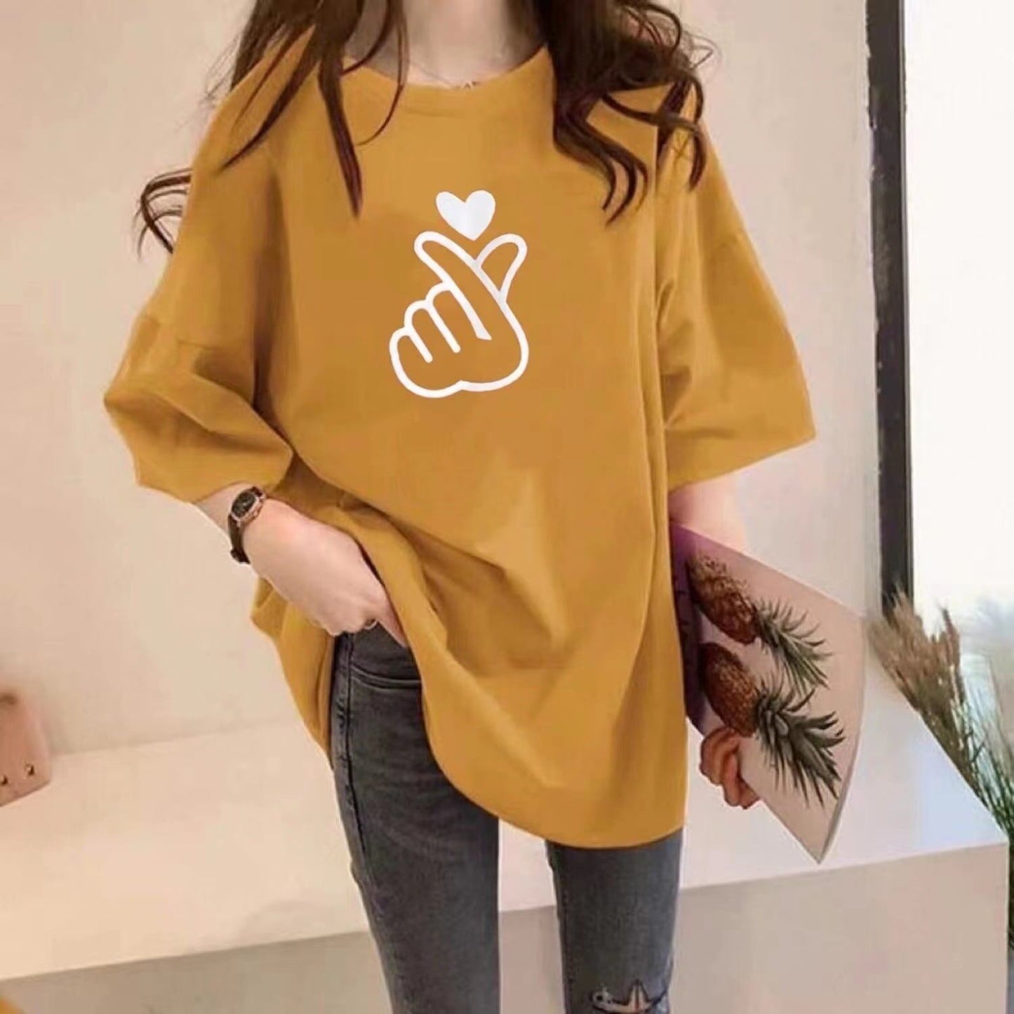 組み合わせやすい Tシャツ プリント 七色 ゆったり半袖＜S-2968＞
