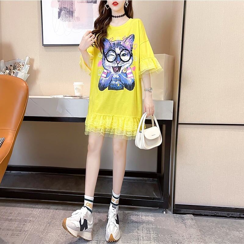 好感度満載 プリント 美感いっぱい Tシャツ カットソー ワンピース＜S-3428＞