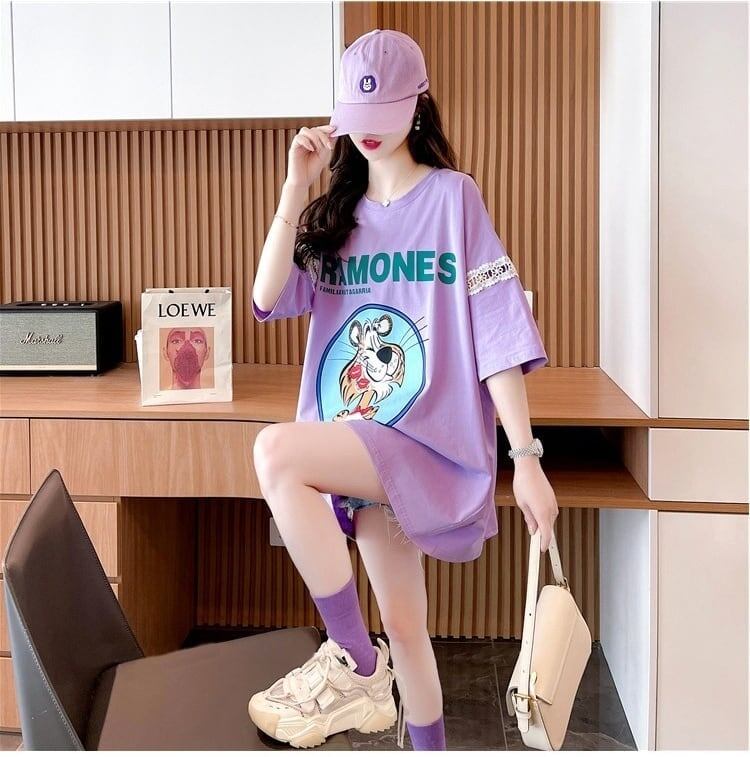 着心地良い レース切り替え リボン プリントTシャツ ゆったり半袖＜S-2889＞