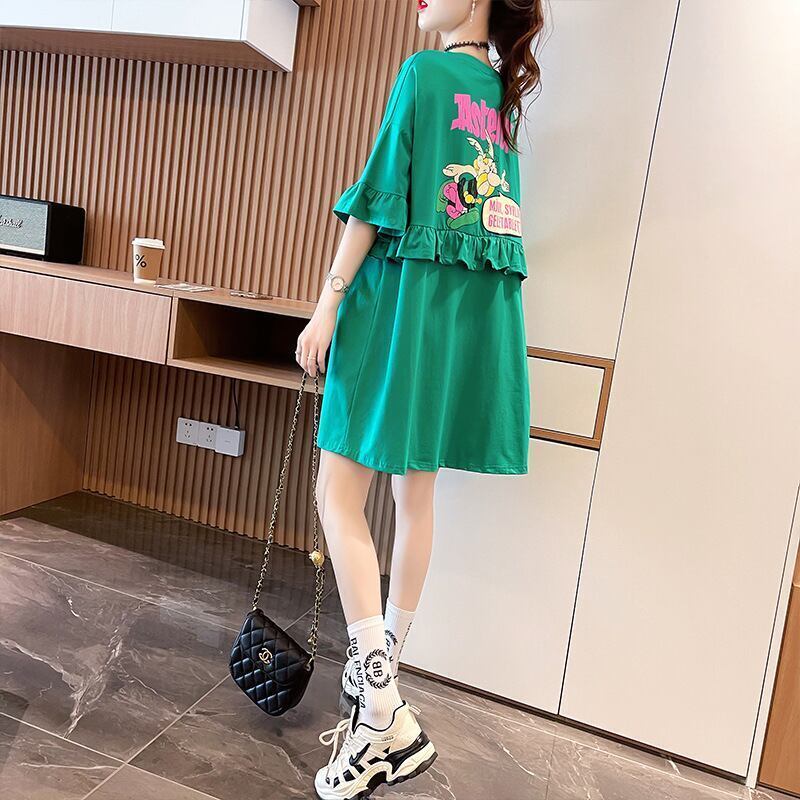 【半額！期間限定！！】合わせやすい 切り替え フリル プリント Tシャツ ゆったりワンピース＜S-3008＞