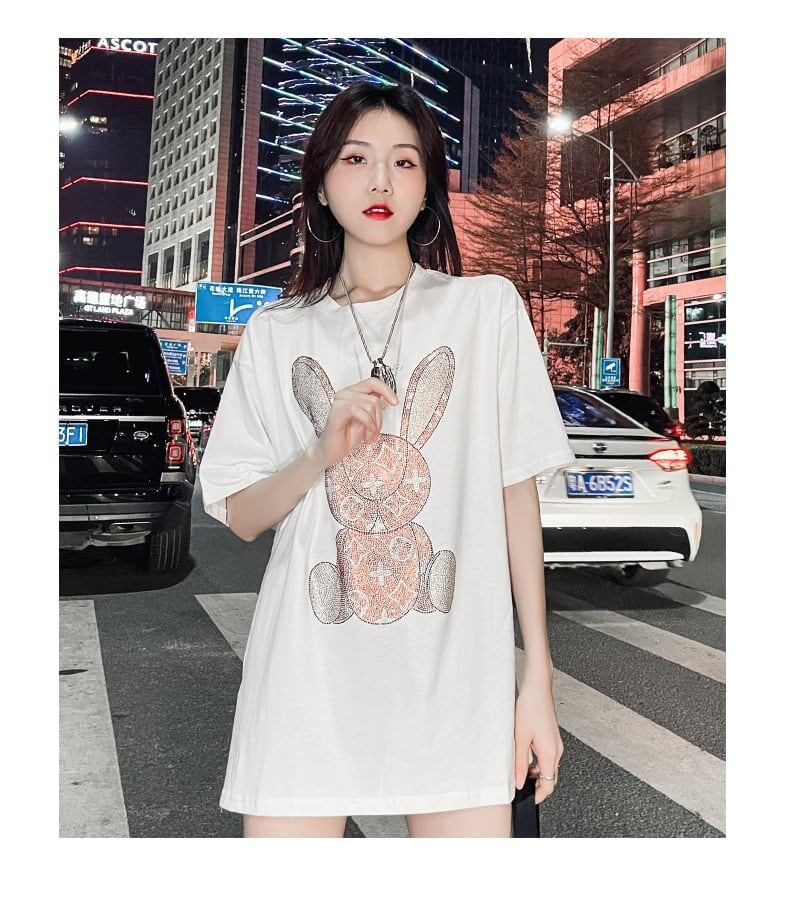 合わせやすい ビジュー ウサギ ロング Tシャツ ゆったり 半袖 ＜S-2887＞