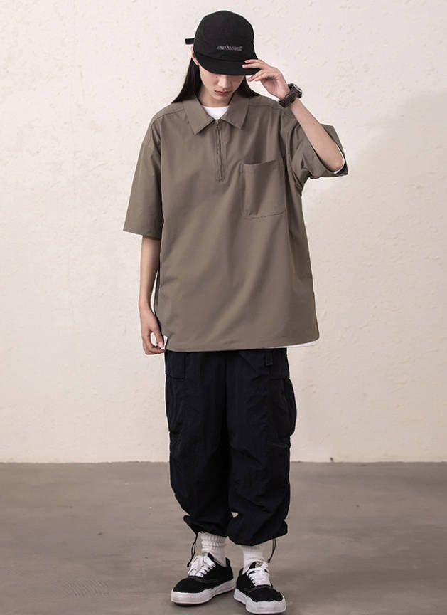 ルーズシルエット ハーフジップ 速乾 半袖 Tシャツ<S-13119>