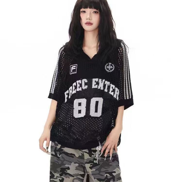 人気 プリント 透かし編み 半袖 Tシャツ <S-13183>