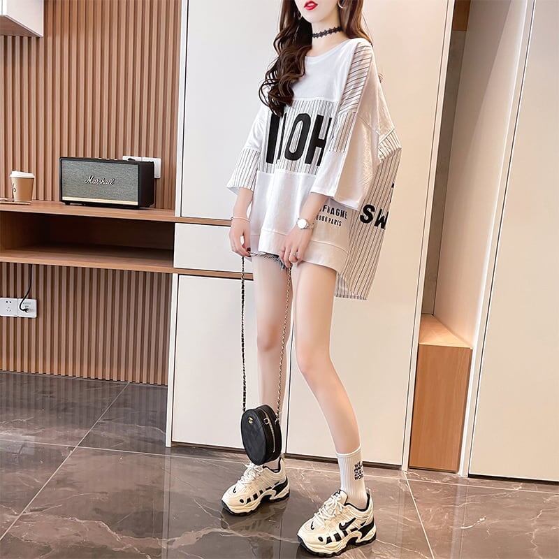 大好評 切り替え ストライプ柄 プリント ロング Tシャツ 三色 ゆったりワンピース ＜S-4012＞