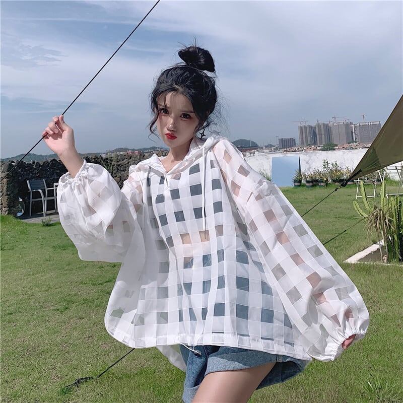 大人気 チェック柄 ゆったり 日焼け対策 UVカット 冷房対策 着?せ 長袖 フード付き シャツ ＜S-1910＞