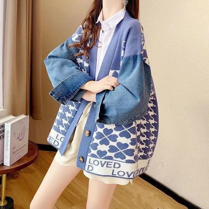 都市ファッショ デザイン オシャレ デニム切り替え 全2色 ニットカーディガン<S-9377>