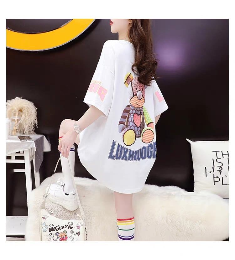 質感のいい アルファベット 熊柄 ドロップショルダー オーバーサイズ Tシャツ ＜S-2878＞